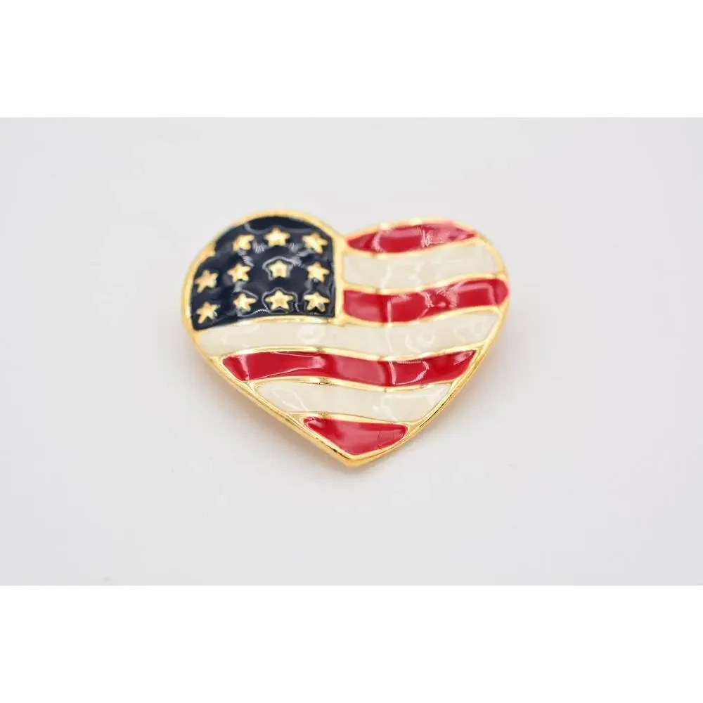 Vintage USA Heart Flag Pin Brooch American Red White Blue Gold Tone 1990s BinAT
